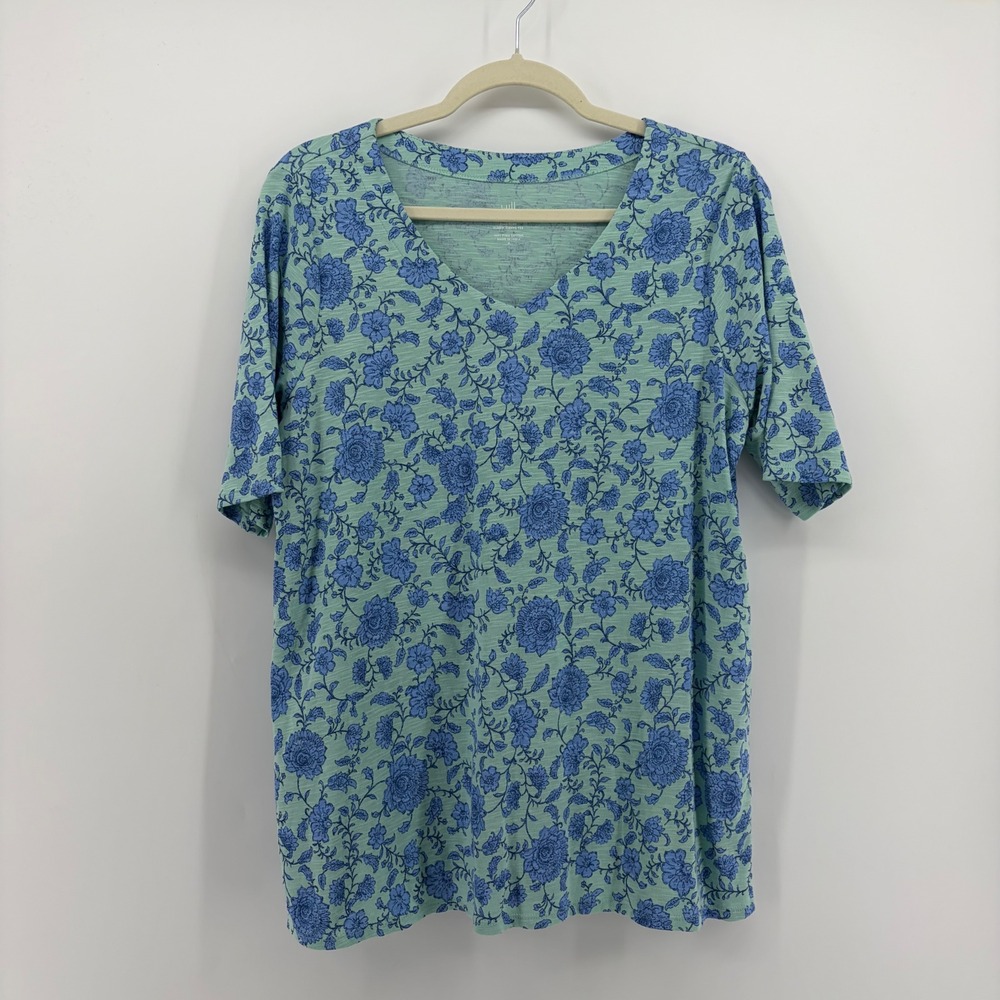 J. Jill Womens Medium Green Blue Floral Pima Slub Elbow Sleeve V-Neck Tee